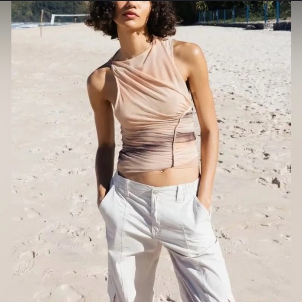 ZARA Asymmetrical Sleeveless Tie Dye Tulle Burnout Mesh Crop Sunset Tank Top